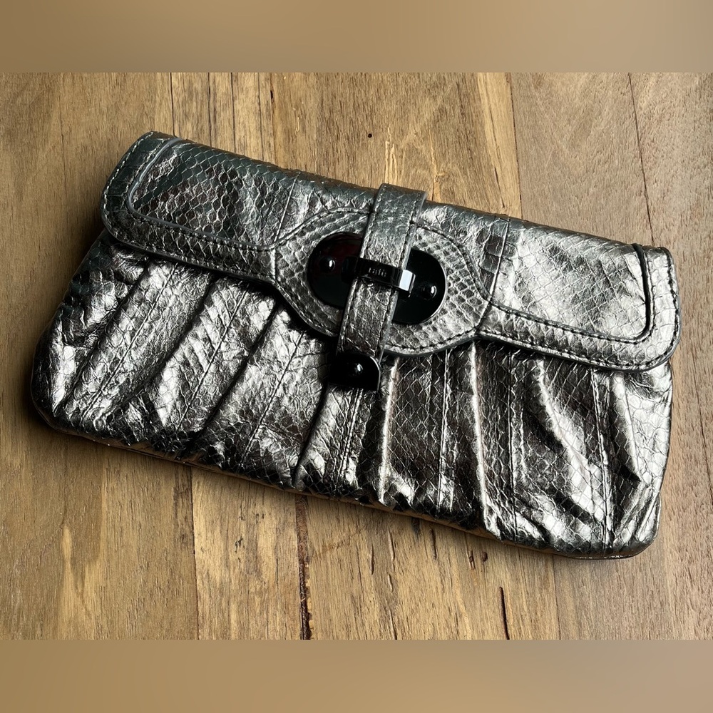 RAFE New York Metallic Embossed Snakeskin Leather Clutch Handbag Pewter